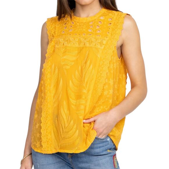 Johnny Was Leafy Concetta Blouse Yellow Boho Embroidered High Neck Size Medium - Picture 1 of 8